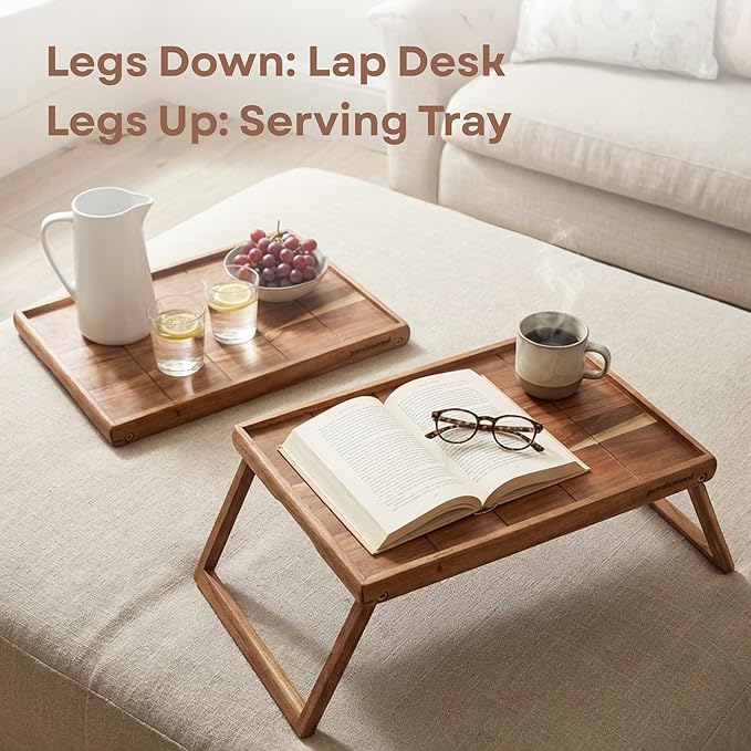 Bed Trays for Eating and Laptops - Acacia Wood Breakfast in Bed Tray with Folding Legs - Large Food Tray for Bed Lap Trays for Eating on Couch Adults - Foldable Wooden Breakfast Trays for Bed 17x13
