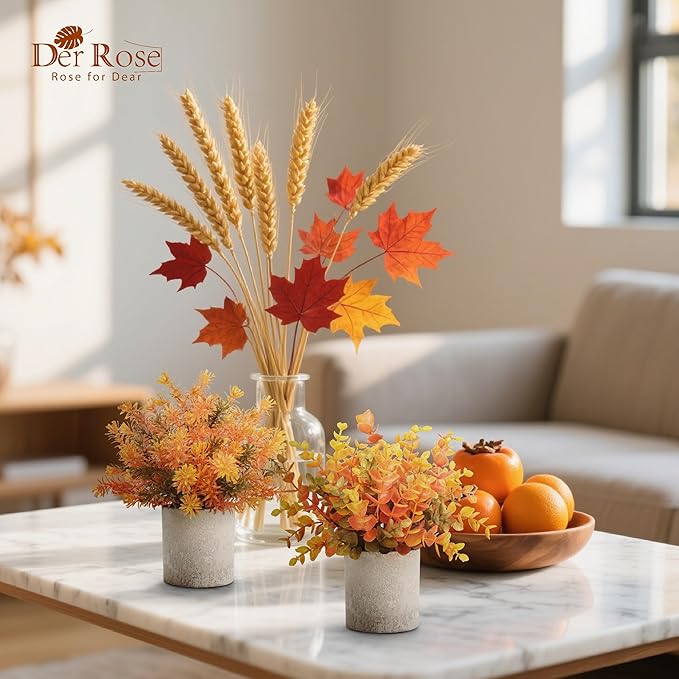 Der Rose 3 Pack Fake Plants Artificial Plastic Eucalyptus in Pot for Home Office Desk Bathroom Farmhouse Table Decor Indoor Warm Orange Accent