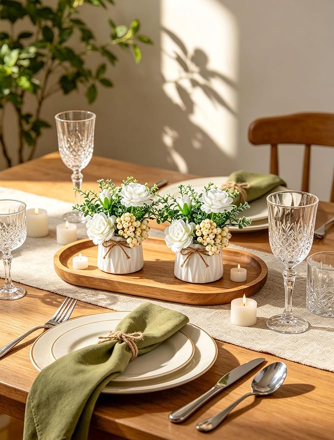 BLOSMON Table Decor Artificial Flowers Vase 7 Inch Small Fake Flower White Arrangement 2pcs Floral Arrangement for Tables Centerpieces Kitchen Dining Room Decorations Faux Flower in Vase Silk Roses