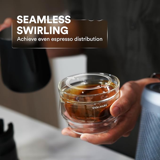 ovalware 8.5oz Double Wall Latte Cups, Latte Set of 2 - Double Wall Glasses for Cold & Hot Drink, Palm-Sized Cups with Wide Rim for Latte Art - Clear Design