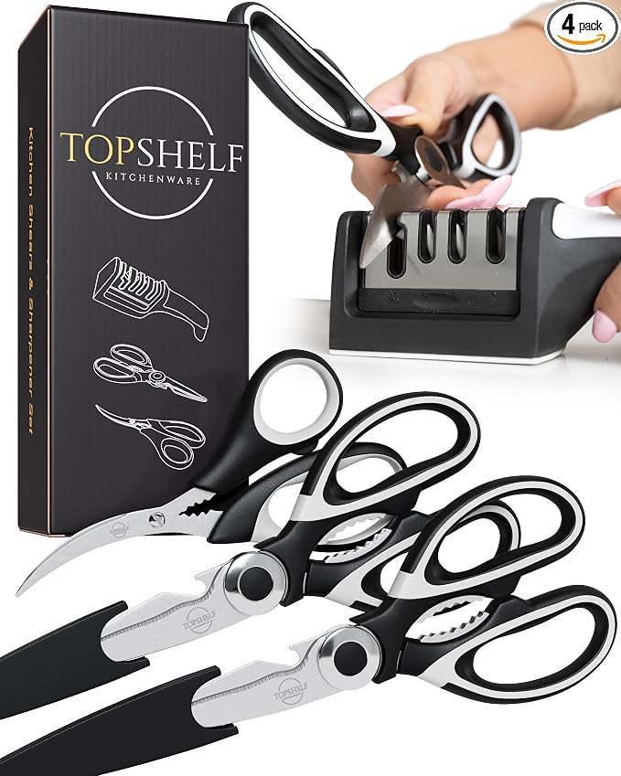 Heavy Duty Kitchen Shears With Sharpener - Lifetime Replacement Warranty* - Multipurpose Stainless Steel Scissors for Food - Sharp Food-Grade Kitchen Scissor for Meat, Seafood, Poultry - 4 Piece Set