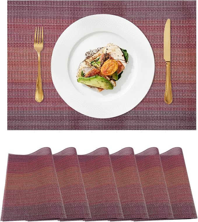 Red Placemats Set of 6, Washable Crossweave Woven Vinyl Placemats, Durable Non-Slip Table Placemats for Kitchen Table Mats (Red, 6)