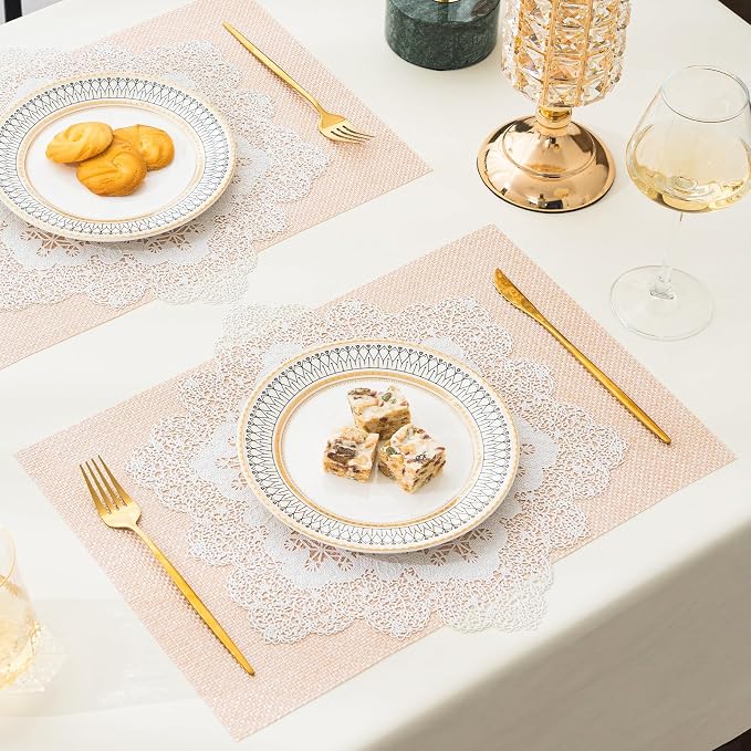 BACKTOEDEN Placemats Set of 6 Heat Resistant Washable Wipeable Placemat Woven Non-Slip Foldable Vinyl/Plastic Place Mats Indoor/Outdoor Mat Kitchen Dining Table Pad, White Snowflake & Pink