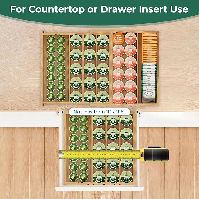 EsLuker.ly Bamboo Coffee Pod K Cup Holder Organizer for Drawer Insert Counter, Expandable Coffee Tea Storage Tray Compatible with Nespresso Vertuo Capsules - Easy Access for Office Home Kitchen
