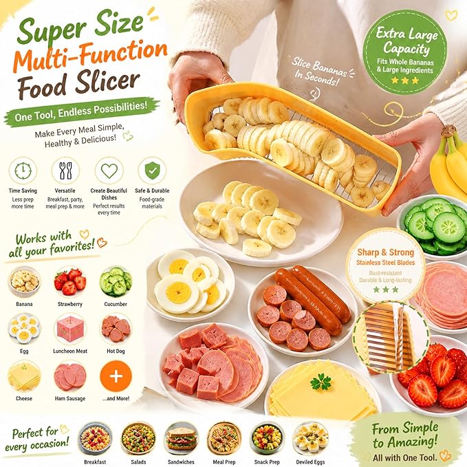 JAYVAR Extra Large Banana Slicer, Spam Slicer, Egg Cutter for Hard Boiled Eggs, Cheese Butter Cutter for Hot Dog Slicing, Multipurpose Strawberry Slicing Kitchen Gadgets for Fruits and Vegetables