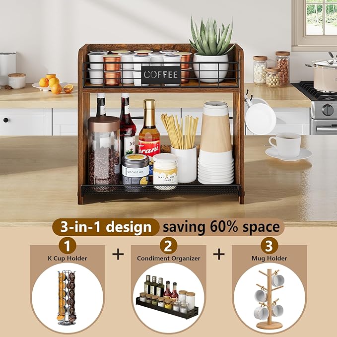 YINMIT K Cup Pod Holder, K Cup Organizer with 2 Mug Hooks, 2 Tier Keurig Coffee Pod Holder, Wood Coffee Bar Station Organizer for Countertop, Home, Office, Kitchen, Retro