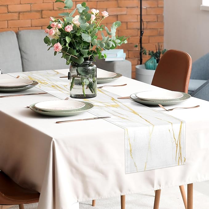 White Gold Table Runner Marble Linen Table Runners,Long Coffee Dresser Runners for Bedroom,Farmhouse Rustic Table Runner for Kitchen Dining Table Party (13"x36", White Gold Marble)