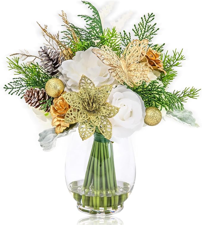 Fake Flowers in Vase with Fake Water, Golden Poinsettia & Butterfly, Artificial Rose Flowers Arrangement for Dining Table Centerpiece Wedding Party Winter Spring Home Decor Gift (Gold White & Green)