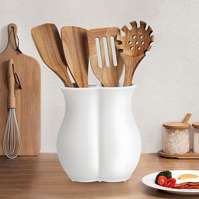 2026 Upgraded Vintage Kitchen Utensil Holder - Ceramic Utensil Crock Dual Compartment Curved, Modern Countertop Organizer for Farmhouse/Rustic Kitchen Decor(Matte White)
