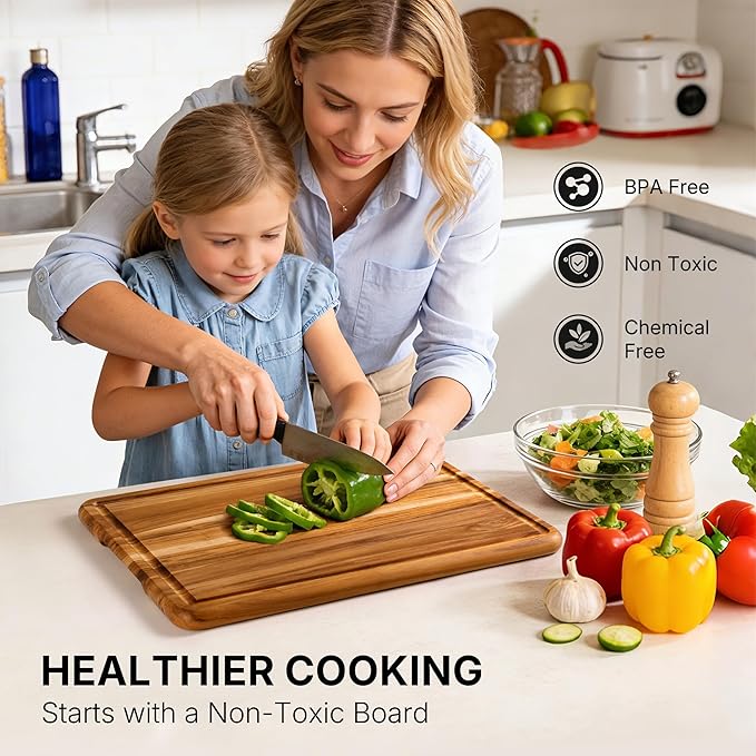 2 Pack Teak Wood Cutting Board for Kitchen Book Wooden Chopping Board Charcuterie Board Non Slip Over Sink Teak Wood NOT Bamboo Acacia Olive