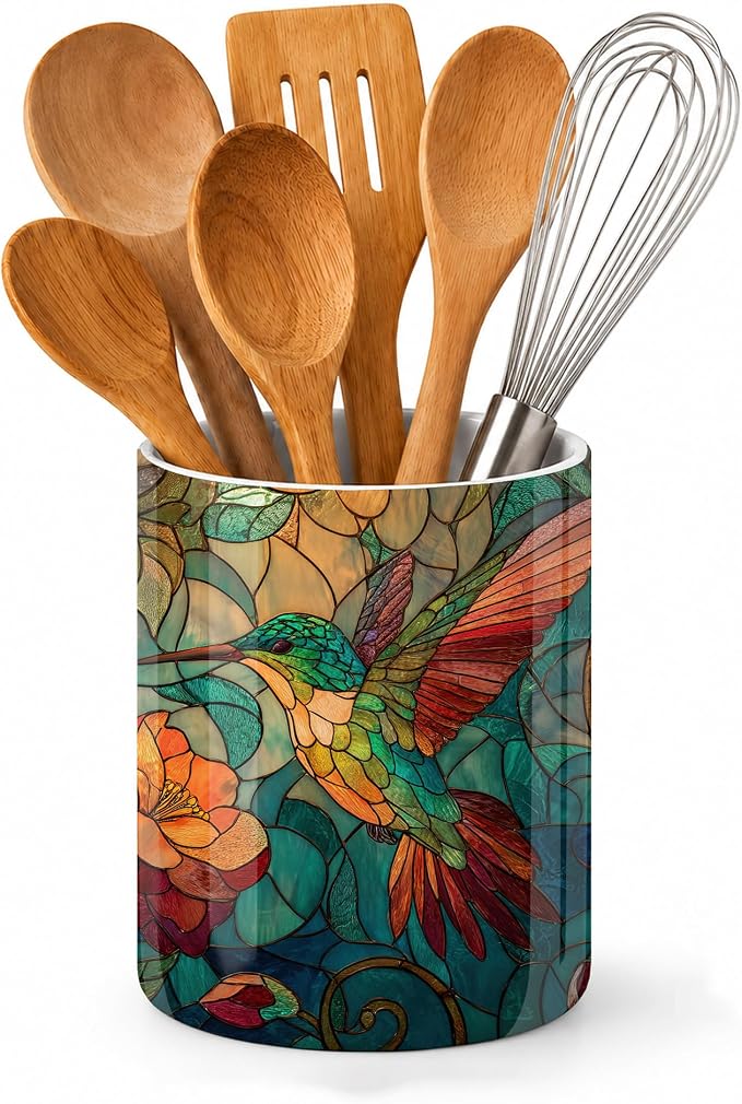 Hummingbird Kitchen Utensil Holder,Vintage Flowers Large Ceramic Utensil Crock Organizer for Spatulas,Spoons and Cooking Tools,Kitchen,Home Decoration 6.3"