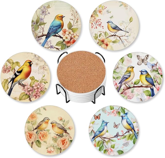6 Pcs Drink Coasters with Holder,Vintage Watercolor Bird Flower Absorbent Round Ceramic Coaster for Tabletop Protection,for Coffee Cup Beverage Coasters Wine Beer Bar