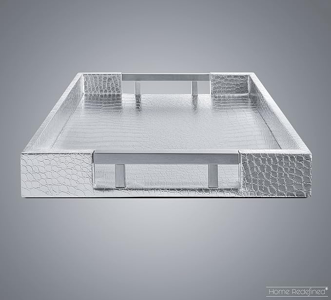 Modern Elegant 17.5"x12" Rectangle Glossy Silver Crocodile Faux Leather Tray Decorative Ottoman Coffee Table Display Perfume Dresser Kitchen Serving Tray with Silver Metal Handles by Home Redefined