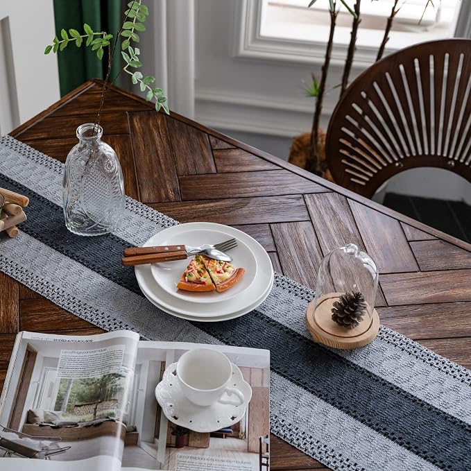 Macrame Table Runner Grey Boho Table Runners with Tassels Hand Woven Cotton Table Runner Rustic Farmhouse Table Runners for Bohemian Kitchen Dining Table(12x95in)