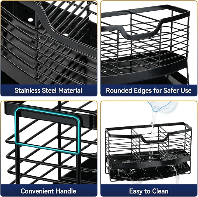 Utensil Holder, Stainless Steel Utensil Drying Rack with Automatic Drain Tray for Kitchen Counter, 3 Compartments Silverware Spoon Holder Cutlery Storage Organizer, Black