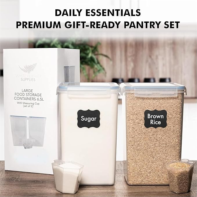 WHITE FEATHER SUPPLIES 2 PC [7 Qt / 6.5L / 220 Oz] Large Food Storage Containers with Lids Airtight - BPA Free Clear Plastic Kitchen and Pantry Storage Containers for Cereal, Flour, Sugar, Rice