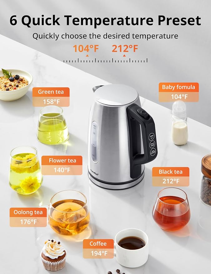 COMFEE' Stainless Steel Electric Kettle, Temperature Control with 6 Presets, 1-Hr Keep Warm, Kettle Water Boiler 1.7 Litres, 1500W with Viewing Window, Auto-Off and Boil-Dry Protection