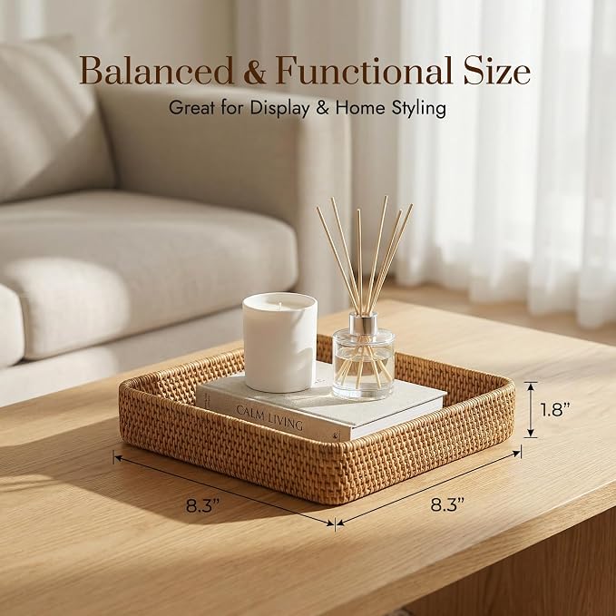 8.3" x 8.3" Wicker Tray, Woven Decorative Tray, Square Rattan Tray Bathroom Vanity Tray Catchall Organizer for Perfume Skincare Jewelry Coffee Bar Kitchen Counter Nightstand Living Room (Square S)