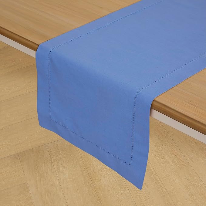 Solino Home Dusty Blue Table Runner 108 Inches Long - Cotton Linen Hemstitch 14 x 108 Inch Table Runner for Dining, Spring, Summer