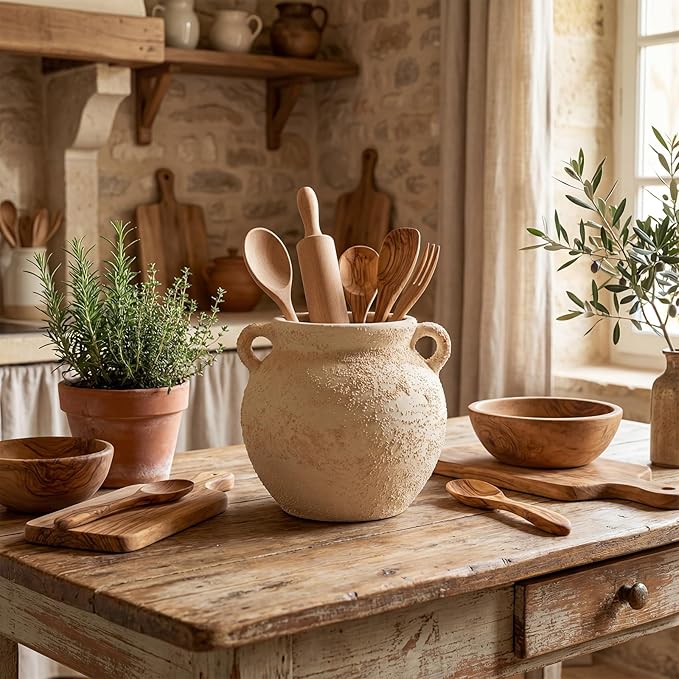 Qinyoung Rustic Kitchen Utensil Holder 6 Inch Small Ceramic Utensil Holder with Handle Vintage Crock Decoration Spatula Organizer for Kitchen Countertop Farmhouse Party Supplies (White,Elegant)