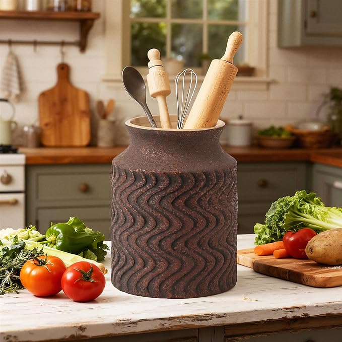 Farmhouse Ceramic Farmhouse Kitchen Utensil Holder for Countertop, Rustic Cooking Utensil Holder Crock Fit for Kitchen Counter