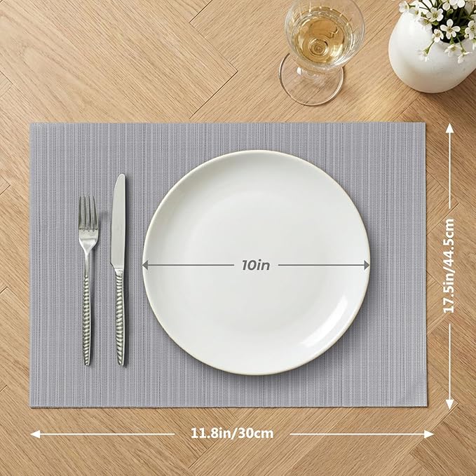 AHHFSMEI Placemats Set of 6 Woven Vinyl Non-Slip Heat Resistant Stain Resistant Easy Clean Place mats for Dining Table(Grey)