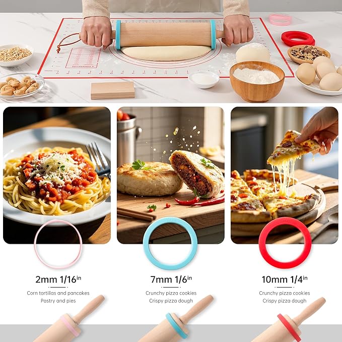 WitHlper Beechwood Rolling Pin Set with 6 Thickness Rings, Non-Slip Silicone Mat,Wood Stand – 17" Dough Roller for Baking, Pizza, Tortilla, Pastry – Wooden Rolling Pin Kit for Even Thickness