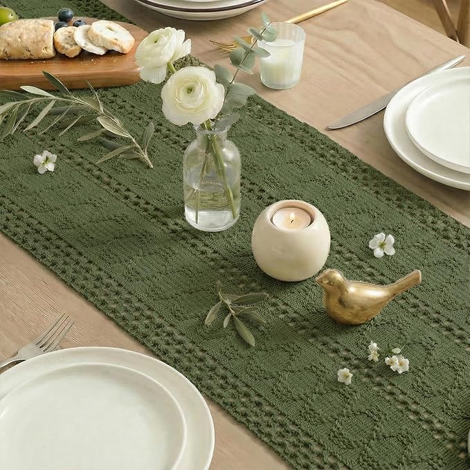 Artoid Mode Army Green Farmhouse Woven Rustic Hollow Table Runner, Seasonal Holiday Hollow Kitchen Dining Table Decoration for Home Party Decor 12x90 Inch