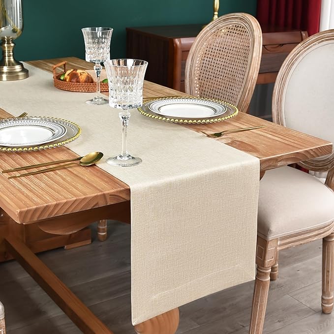 NEWISHER Farmhouse Rustic Table Runner Solid Beige Rectangular Table Runners Faux Linen Table Runner for Everyday Use Kitchen Dining Party Table 13x60 Inch
