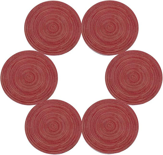 Topotdor 14 Inch Round Placemats Heat-Resistant Stain Resistant Anti-Skid Washable Polyproplene Table Mats Placemats (Burgundy Multi Color, Set of 6)