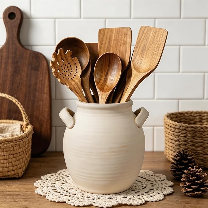 Rustic Kitchen Utensil Holder with Handle, 7" Ceramic Farmhouse Stable Utensil Crock for Countertop, Vintage Cooking Tool Organizer & Spatula Holder For Kitchen Decor (White)