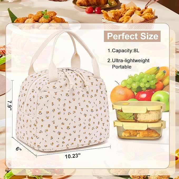 LEDAOU Lunch Box for Women Insulated Lunch Bag Corduroy Lunch Tote Bags Leakproof Cooler Lunch Case for Travel Work Picnic