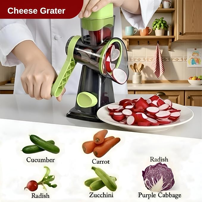 INCITATUS - Cheese Grater Hand Crank - Rotary Cheese Shredder - 3 Interchangeable Stainless Steel Blades & Strong Suction Base - Parmesan Vegetable Grater - Manual Kitchen Vegetable Slicer