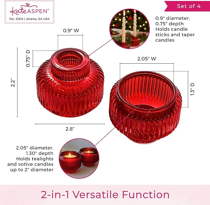 Kate Aspen Red Ribbed Taper Candle Holders for Candlesticks Set of 4 - Christmas Decor, Holiday Candle Holders, Red Candlesticks & Votive Candle Holder for Christmas Table Centerpieces