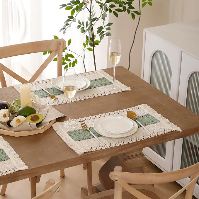 Green Placemats Set of 4 Macrame Table Decor with Fringe Boho Farmhouse Woven Table Placemats in Natural Burlap for Kitchen and Dining Table Centerpiece Home Decorations