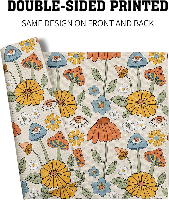 Retro Boho Floral Placemats Set of 6 70s Vintage Cute Abstract Mushrooms Fun Linen Washable Kitchen Dining Table Mats Stain Heat-Resistant Desktop Decor Place Mats for Home Party Dinner 12x18 in…
