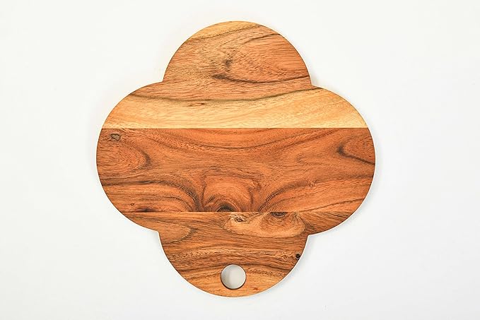Treen Art Wooden Christmas Cutting Board for Kitchen Decor, 11"L x 11"W Four Round Leaf Acacia Wood Chopping Board with Hanging Hole, Serving Charcuterie Platter