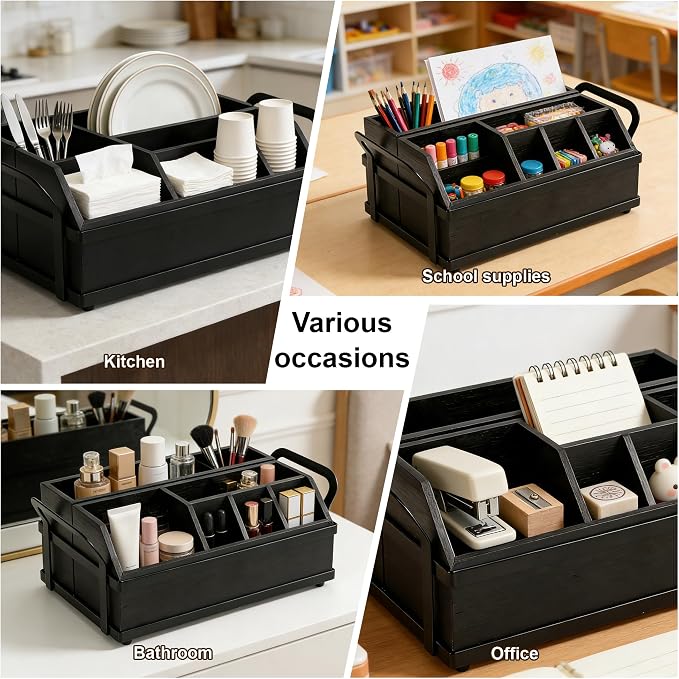 Large Kitchen Utensil Holder Caddy, 6 Compartments Wooden Utensils Organizer for Cooking Utensils, Silverware, Paper Plate, Spoon, Fork, Cutlery Storage on Kitchen Countertop for Party Hosting-Black