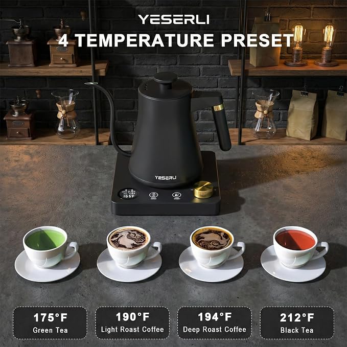 1.0L Gooseneck Electric Kettle with ±1℉ Temperature(104-212F) Control, Expert Brew Pour-Over Coffee & Tea,4 Temp Preset,12H Keep Warm,304 Stainless Steel Interior, 1200W Fast Boiling, Matte Black