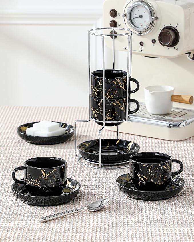 MALACASA 4 OZ Porcelain Espresso Cups with Saucers and Metal Stand Set of 4, Stackable Cappuccino Cups, Marble Black Expresso Shots Cup Set for Coffee Drinks, Latte, Tea
