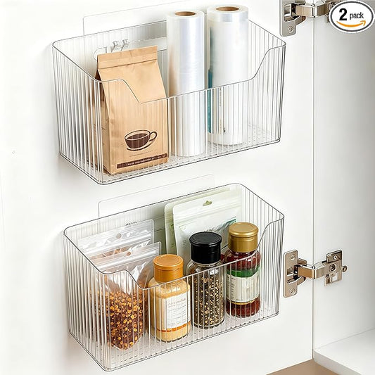 2 Pack Cabinet Door Organizer, Clear Storage Caddy, Adhesive Wall Mounted Organizer Bins, with Self Adhesive Tape, for Bathroom, Kitchen, Cabinet, Living Room