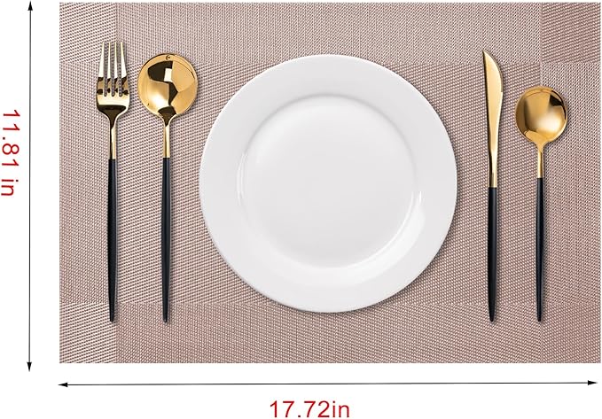 CADONO Placemats Set of 6 Washable Indoor/Outdoor Vinyl Place Mats for Dining Table Durable Non-Slip Heat Resistant PVC Weave Table Mats（Four-Corner-Khaki）