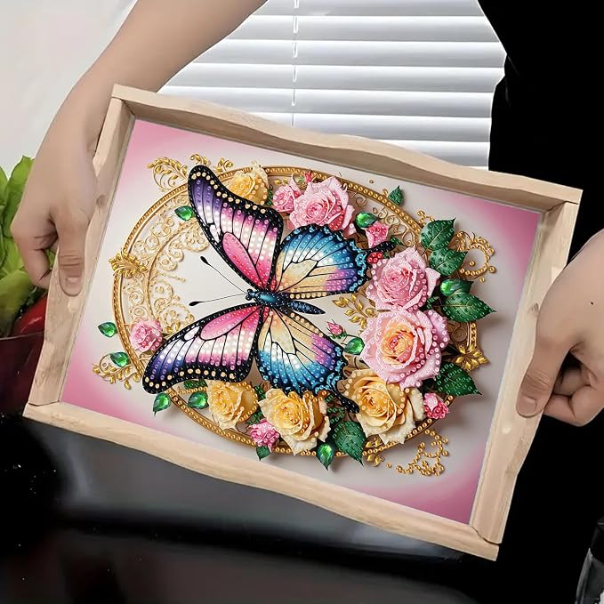 BAYUNOE DIY Diamond Serving Tray Rectangular Breakfast Tray with Handle Handmade Diamond Art Painting Wooden Tray Spring Creative Dinner Plate Coffee Room Living Home Organizer-Rose Butterfly