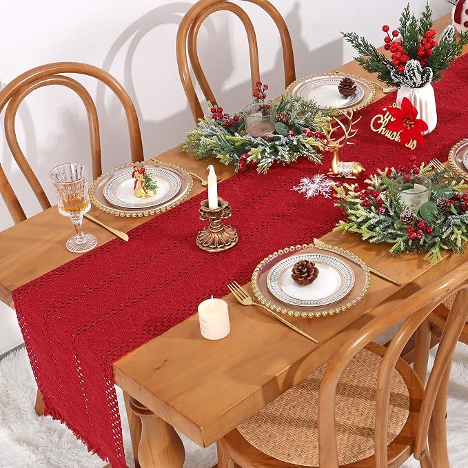 Macrame Table Runner Christmas Red Boho Table Runners with Tassels Hand Woven Cotton Table Runner Rustic Farmhouse Table Runners for Xmas Kitchen Dining Table(12x71in)