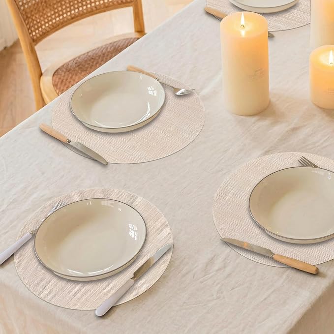 Niviy Beige Round Placemats Set of 4, 15 Inch Washable Easy to Clean Heat-Resistant Anti-Skid Beige Placemats for Holiday Party Kitchen Dining Room Decoration