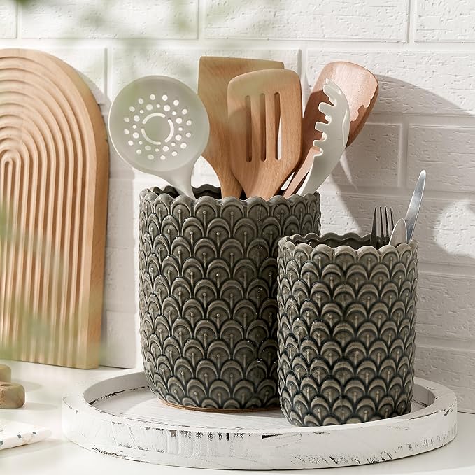 JIEMEI HOME Kitchen Utensil Holder, Large 7.5"+6.2" Petal Ceramic Utensil Crock for Countertop, Utensil Holder with Cork Mat, Morden Utensil Organizer for Spatula, Kitchen Decor, Set of 2-Grayish Blue
