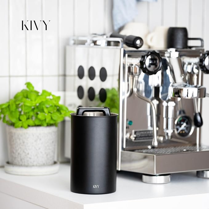 KIVY Vacuum Coffee Canister (Glass) - Push Lid Preserves Coffee Aroma & Oil - Stainless Steel Airtight Coffee Canister - Coffee Container for Ground Coffee & Coffee Bean Storage - Removes Excess Air
