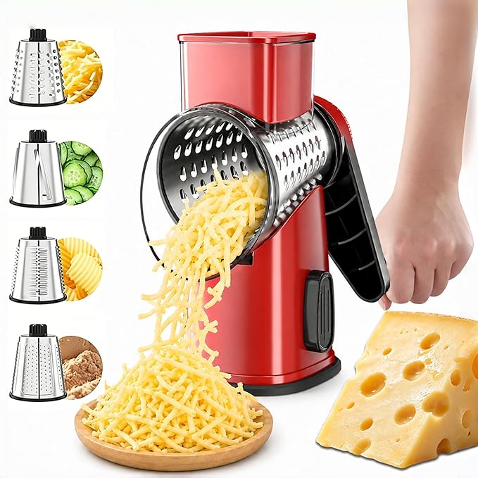 VEKAYA Rotary Cheese Grater Hand Crank with 4 Interchangeable Stainless Steel Blades, Large Manual Handle Shredder and Waffle Slicer for Vegetables, Cheese and Nuts with Table Suction Base (Red)