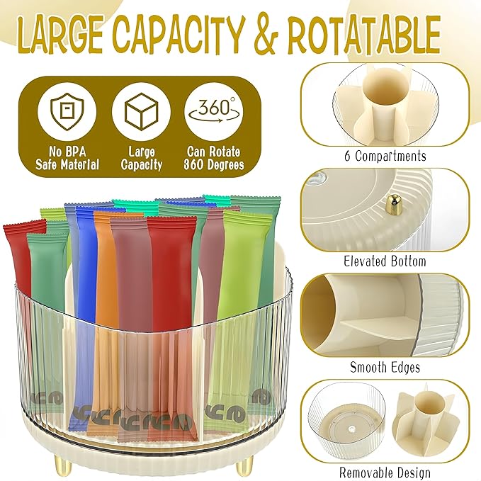 Drink Packet Organizer, Turntable Water Packet Organizer, Mix Drink Station Organizer, Pantry Organization Storage Bins for Kitchen Fridge Countertop Cabinet, 6 Parts for Snacks Packets Spices