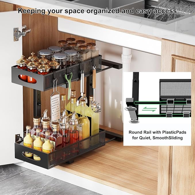 Under Sink Organizer, Pull Out Cabinet Organizer, Black | Rustproof Carbon Steel, 2 Tier Mesh Sliding Drawers, 5-Level Height Adjustable to Bypass Pipes, for Kitchen Bathroom Laundry